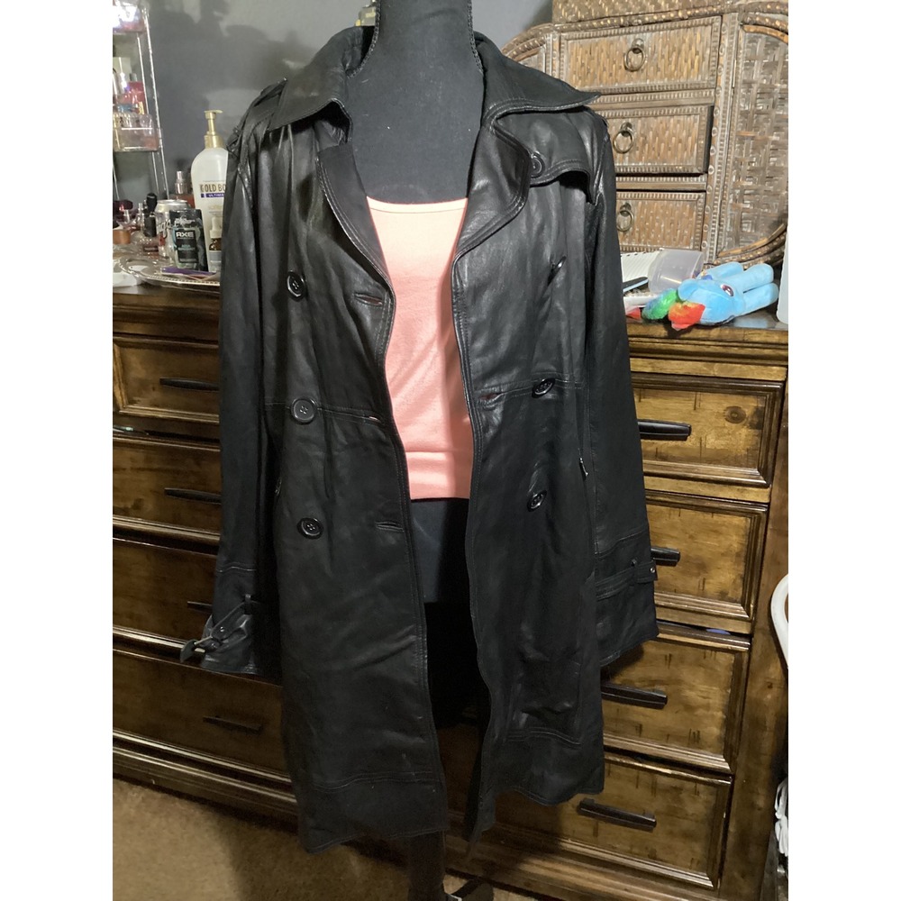 Marc New York Andrew Marc Black Leather Trench Coat Jacket MM8A1623 Womens L